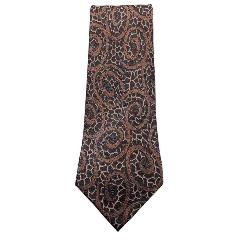 Vintage Made in Italy Necktie Brown Black 100% Silk Geometric Pattern Retro 56x3